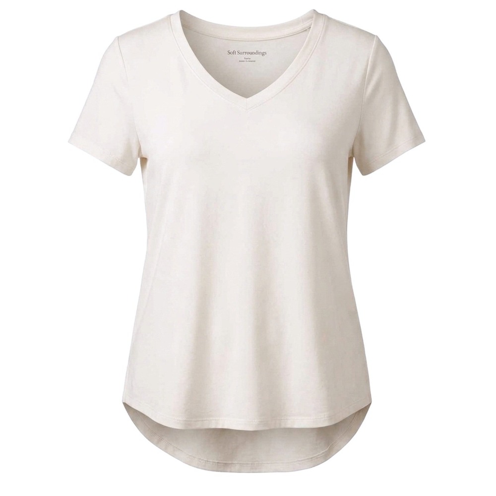 Soft Surroundings 2FE18 V-Neck T-Shirt Women Small Creamy White High-Low Hem - Picture 1 of 10